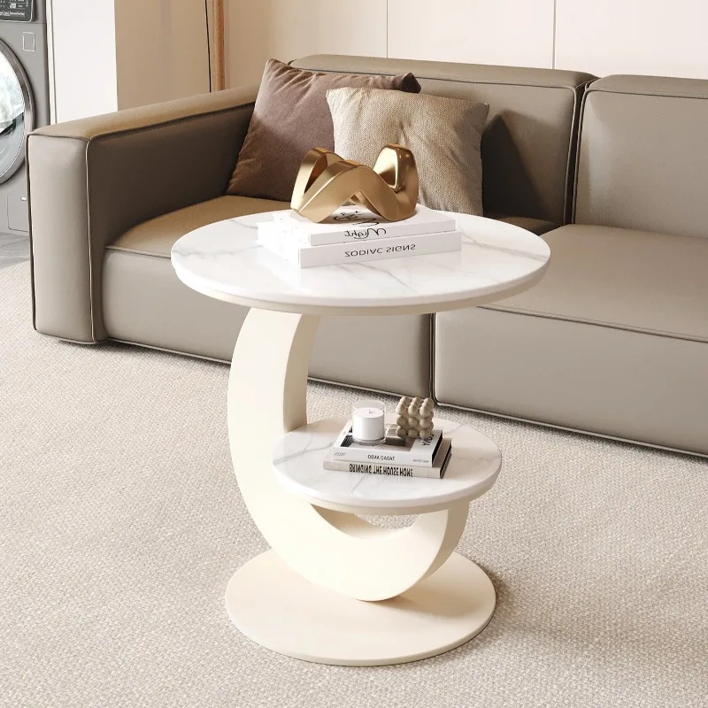 Cream Style Rock Slate Sofa Side Table Light Luxury Round Mini Table Double Tier Corner Side Table for Living Room Household
