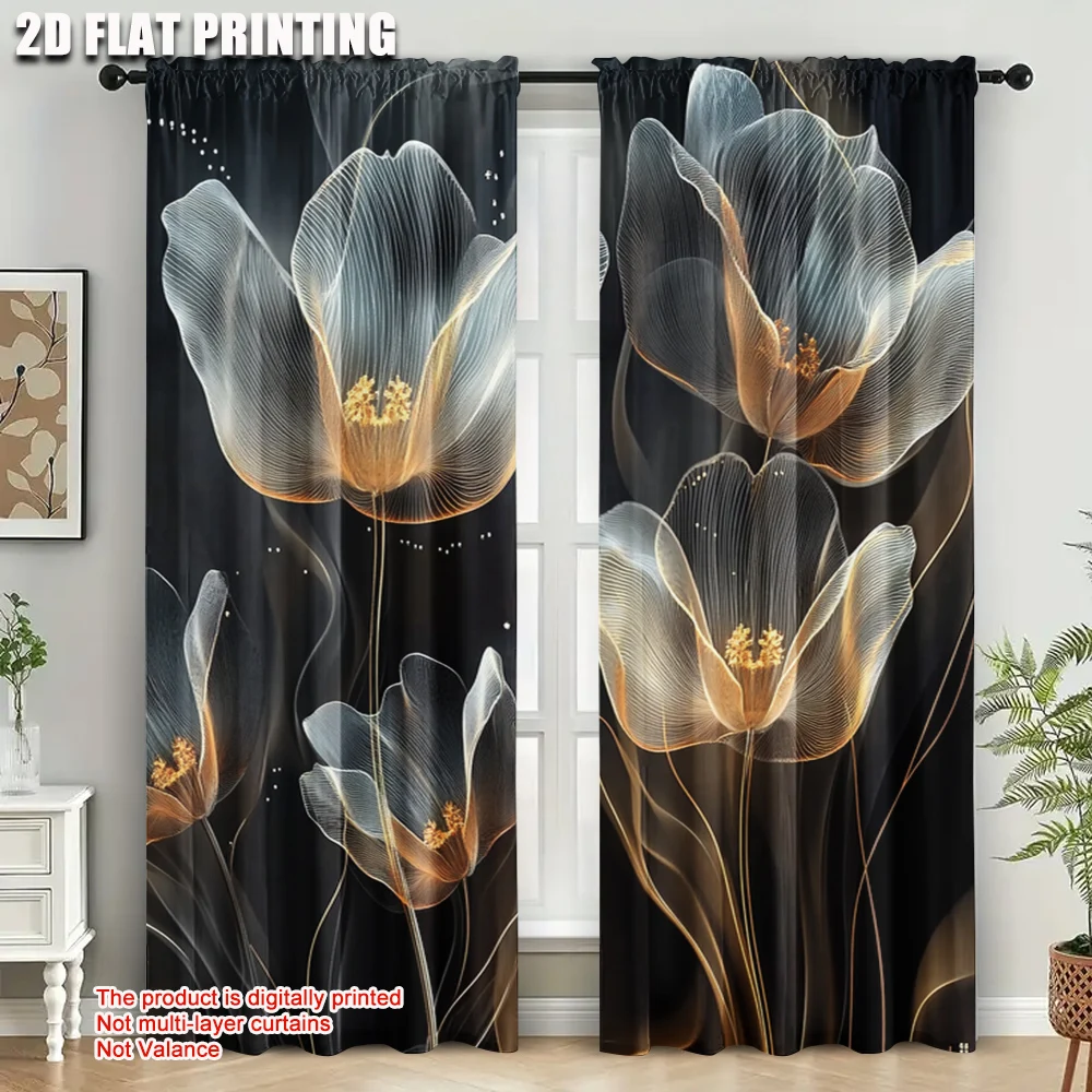2pcs Glowing Tulips Curtains Black and Gold Window Drapes Transparent Floral Art Decor for Living Room Bedroom
