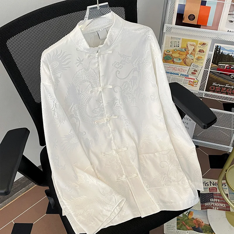 White Dragon Jacquard Shirt Men Chinese Style Top Satin Kungfu Blouse Long Sleeve Tradition Button Down Male Tai Chi Costume