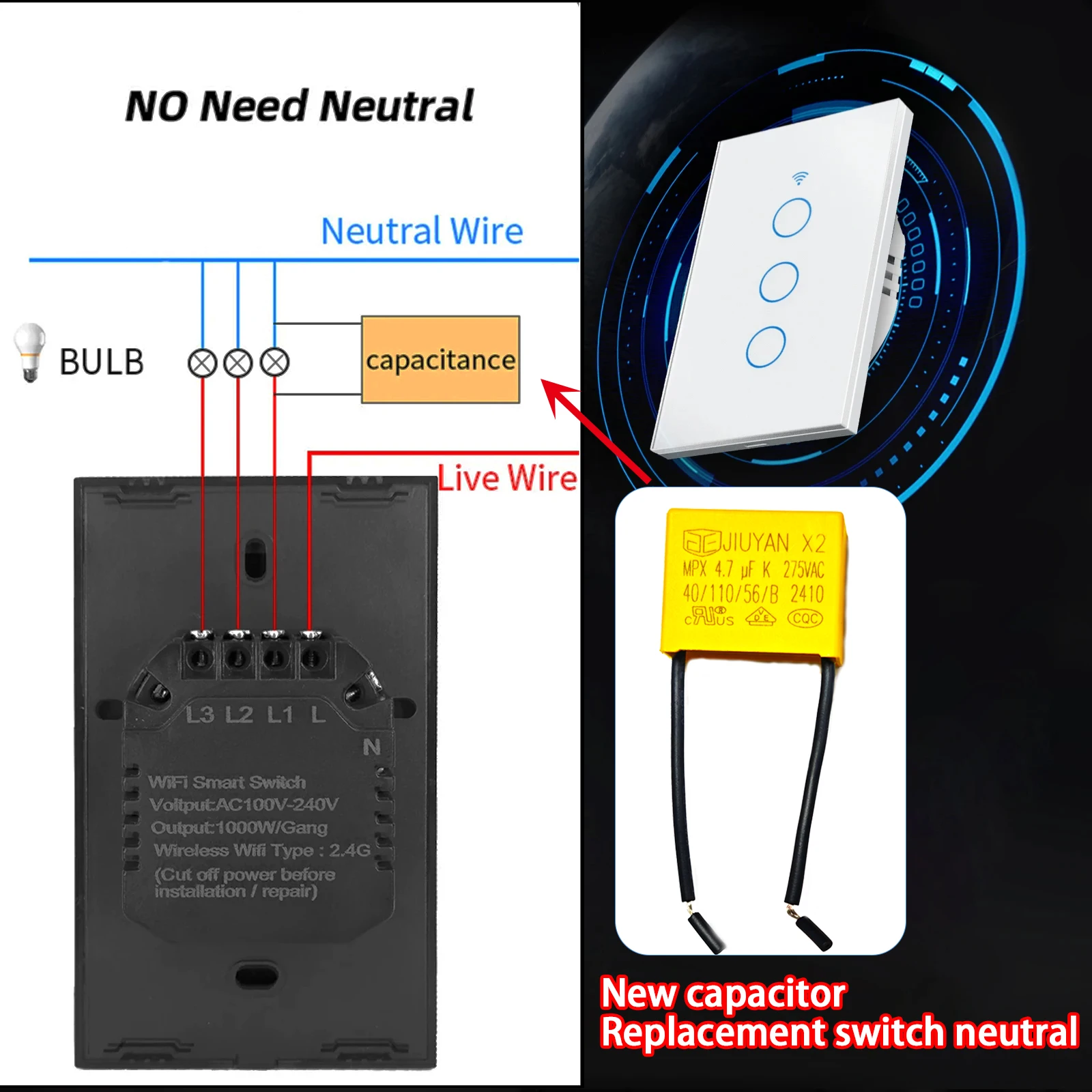 Made in China 4.7UF Safety 275V Capacitor 275VAC Polypropylene Film Capacitor Is Suitable for Smart Touch Switch Without Neutral