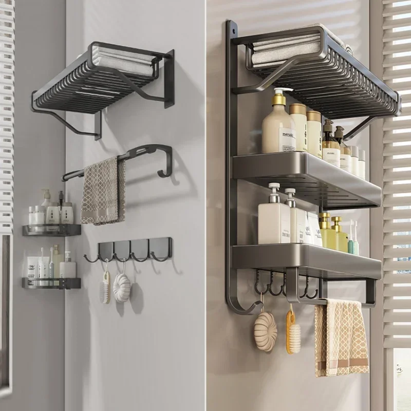 Punch-Free Bathroom Towel Shelf, Wall-Mounted Organizer, Large Capacity Shower Storage,  Rack for Bathroom, Space-Saving Holder