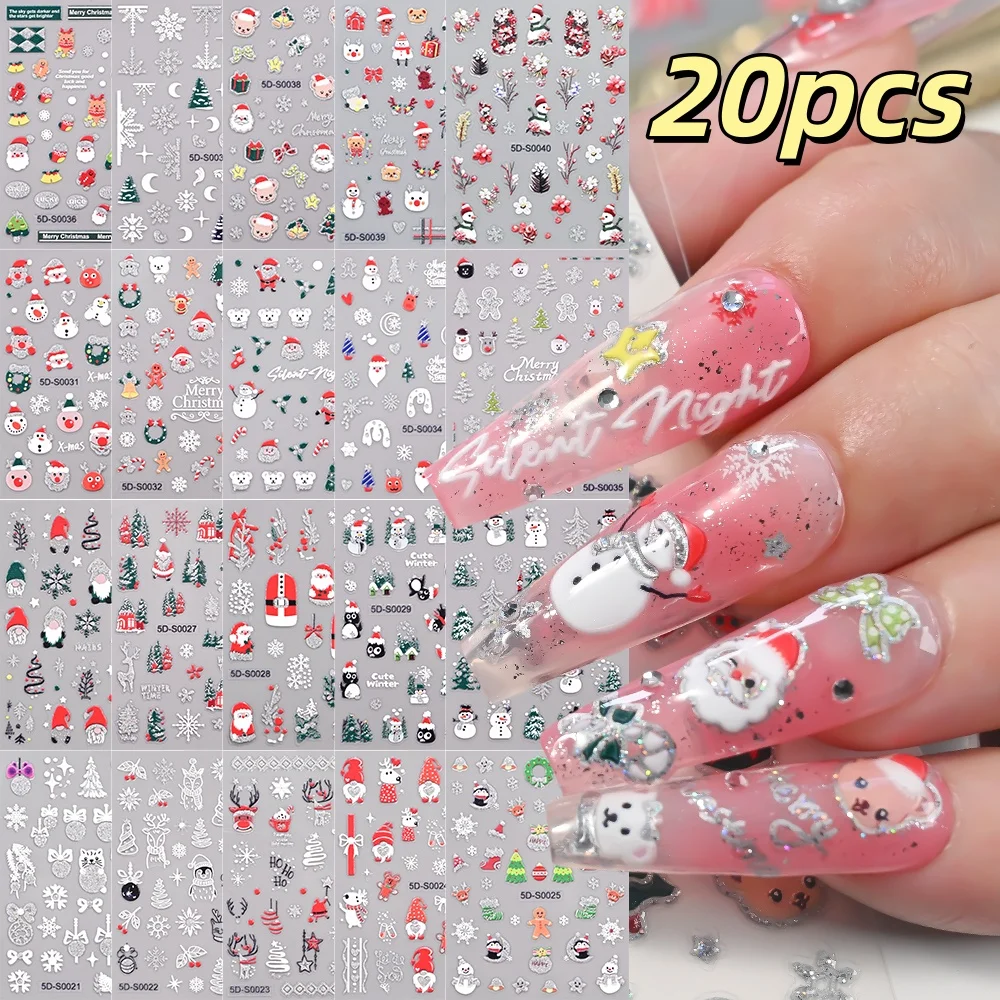 20 stks 5D Laser Zilver Glitter Kerst Nagelstickers Sneeuwpop Kerstman Pinguïns Elanden Nagelstickers Party Favor Vakantie Decorateur