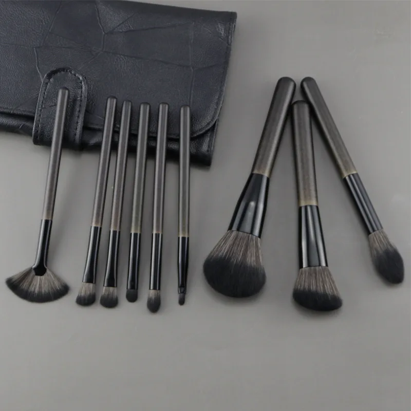 9pcs Wooden Handle Cosmetic Brush Set with Aluminum Ferrules - Soft Bristled Powder, Contour, Eyeshadow & Highlight Brushes