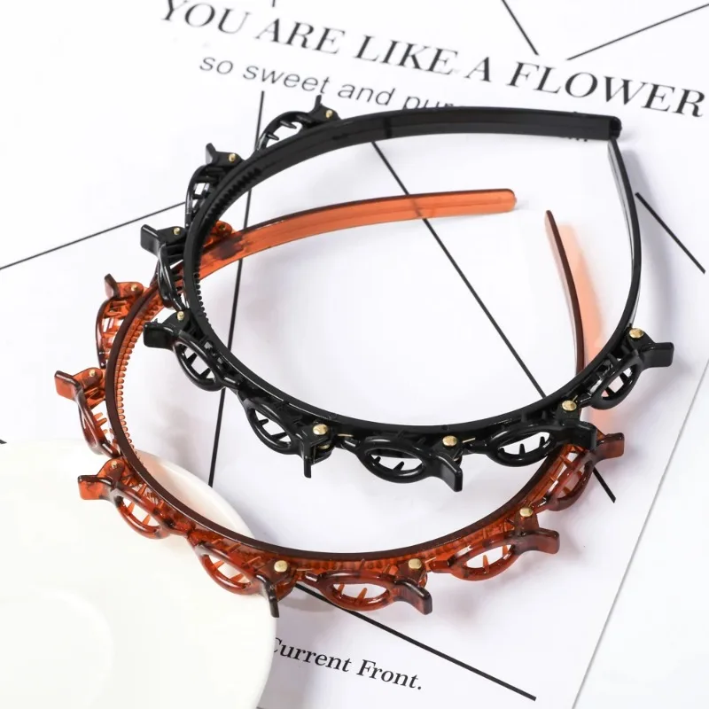 

New Punk Knitting Womens Headwear Double Layer Bands Clip Hairbands Fashion Plastic Braided Headband Hair Accessories Pearl