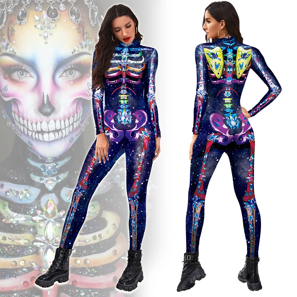 Color Cosplayer Halloween Skeleton Printed Jumpsuits Women Halloween Performance Outfits Party Cosplay Costume Zentai Fitness