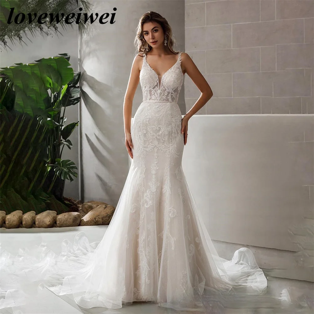 Vestido De Novia con escote en V y tirantes finos, apliques De encaje, espalda abierta, cola De barrido, sirena