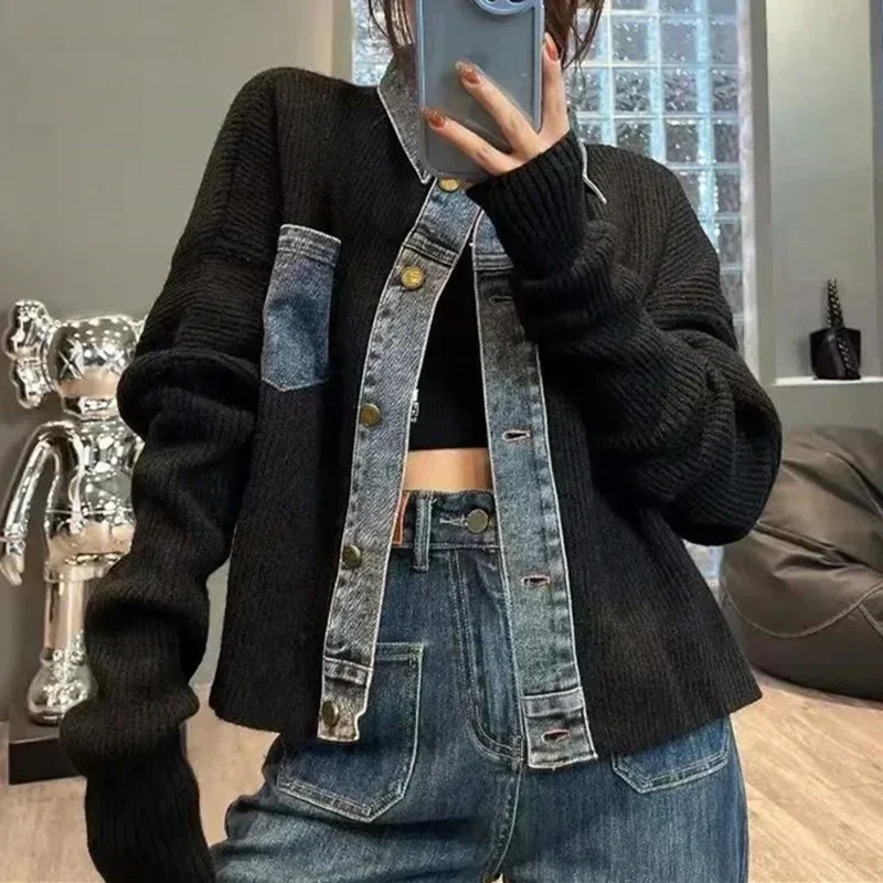 Korean Style Design Niche Loose and Western-style Sweater Women\'s 2024 Autumn New Denim Patchwork Knitted Top Fashionable Jacket