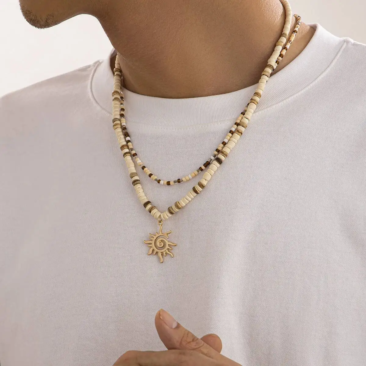 Lacteo خمر العرقية الشمس رمز قلادة قلادة للرجال الاتجاه الإبداعية قشر جوز الهند الخرز الخشبي المختنق قلادة المجوهرات اليومية #6