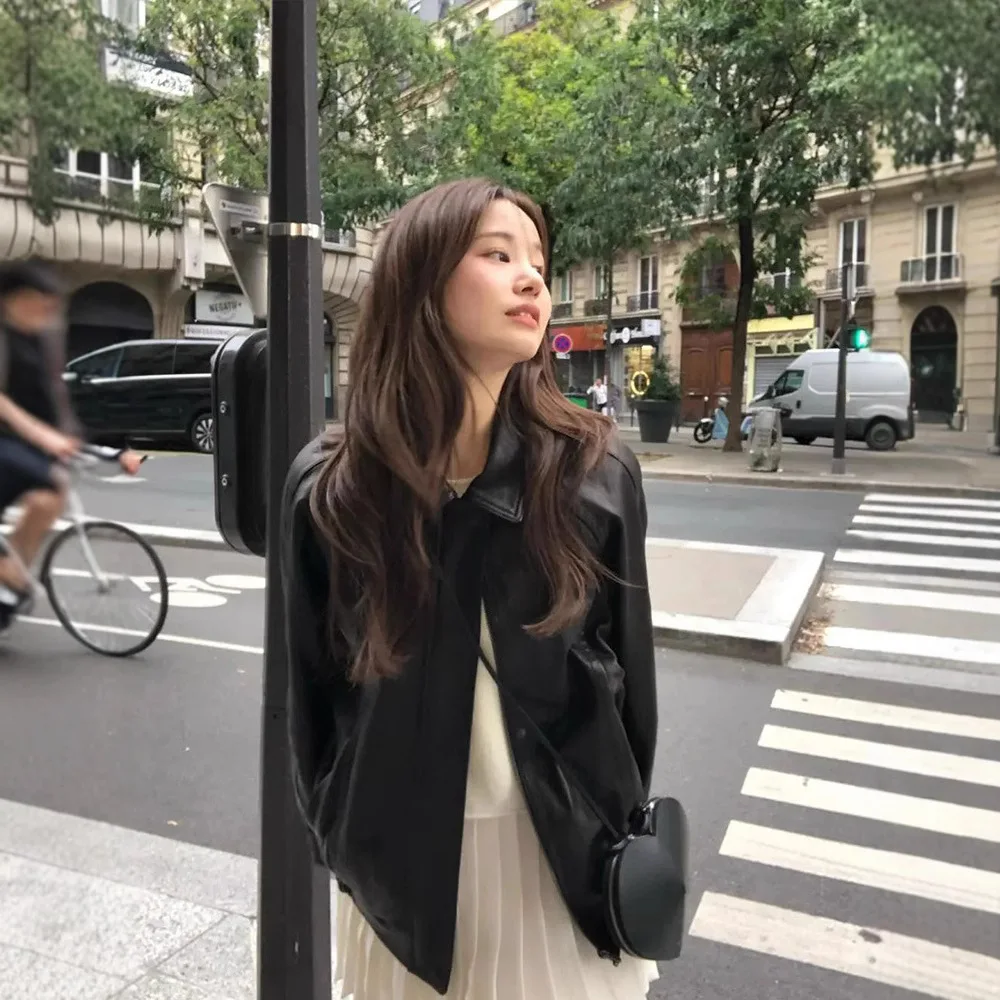 Ounce H26 Spring Vintage Loose Leather Jacket Stand Collar Stylish Versatile Outerwear for Women Commute Style Zipper Closure