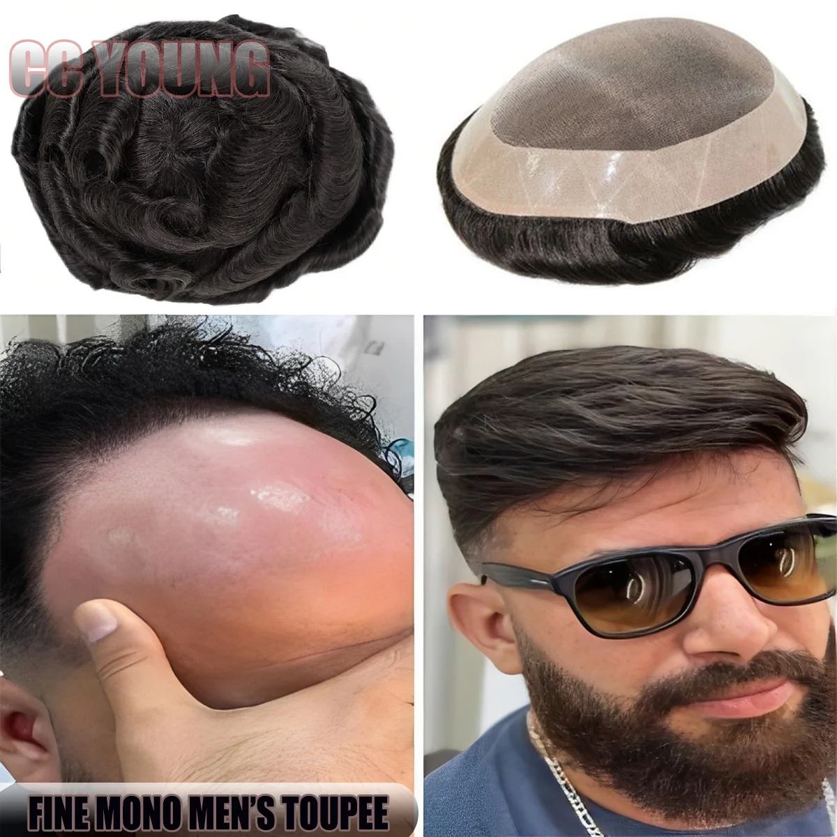 人毛メンズヘアピース、ファインモノセンター薄型NPU周囲ヘア交換システム通気性ヘアピース耐久性ヘアピース