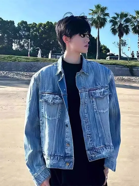 

Waed Denim Jaet Men's Korean Sle oulder Pad Jaet Spring Autumn Faionable Youthful Long Sve Single Button Closure