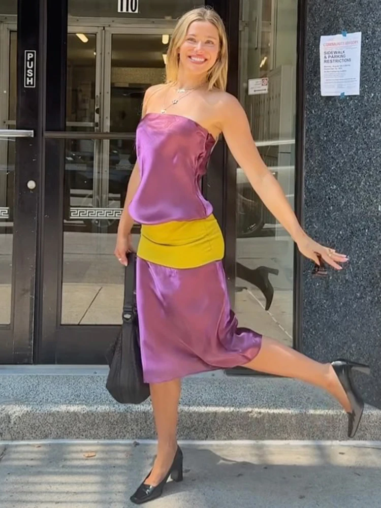 Sisterlinda Sexy Dress Women Color Blocking Fashion Trend Bright Silk See Through Sleeveless Elegant Simple Party Street Bodycon