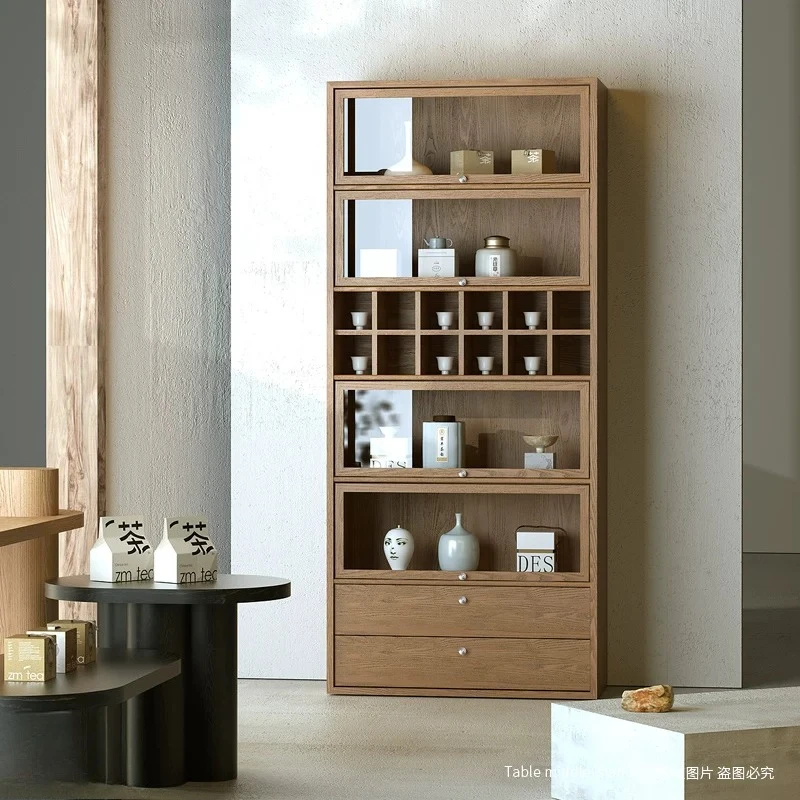 Glass display cabinets, utensils, tea shops, cafes, cups, plates, display cabinets, merchandise placed against the wall