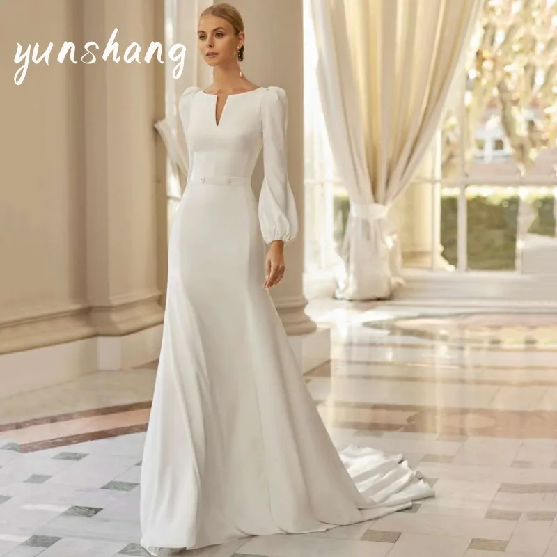 Yunshang Elegant Mermaid Wedding Dresses Women Open Back Pleat Long Sleeve V-Neck Bridal Gown Train Vestido De Novia Customized