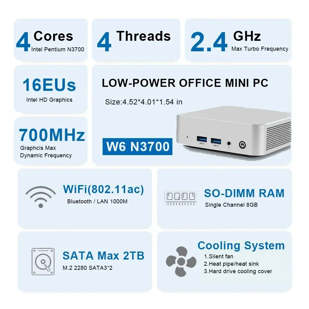 SZBOX W6 Mini PC Intel N3700/N3710 Quad Core Fanless Dual HDMI 4K Gigabit LAN Desktop Computer for Office Business HTPC
