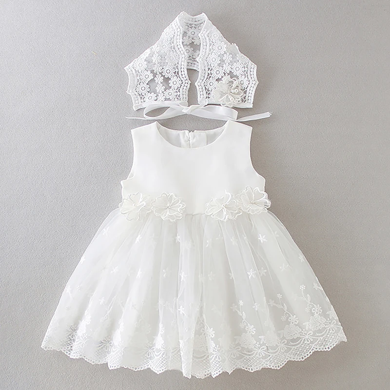 Sommer weißes Kleid Mädchen Baby Taufe Outfits Säugling Spitze Taufe Kleid Mädchen Perle Prinzessin Hochzeits kleid Baby Mädchen Kleidung