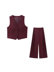 Women's Front Button Fitted Waistcoat and High Waist Pleated Wide Leg Pants, Female Two Piece Sets, Fashion