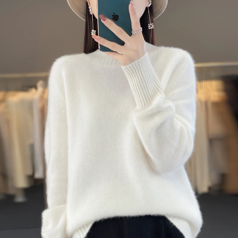 DjzDsm Autumn/Winter New 100% Pure Wool Women's Half High Collar Seven Needles Thickened Warm High Quality Knitted Sweater