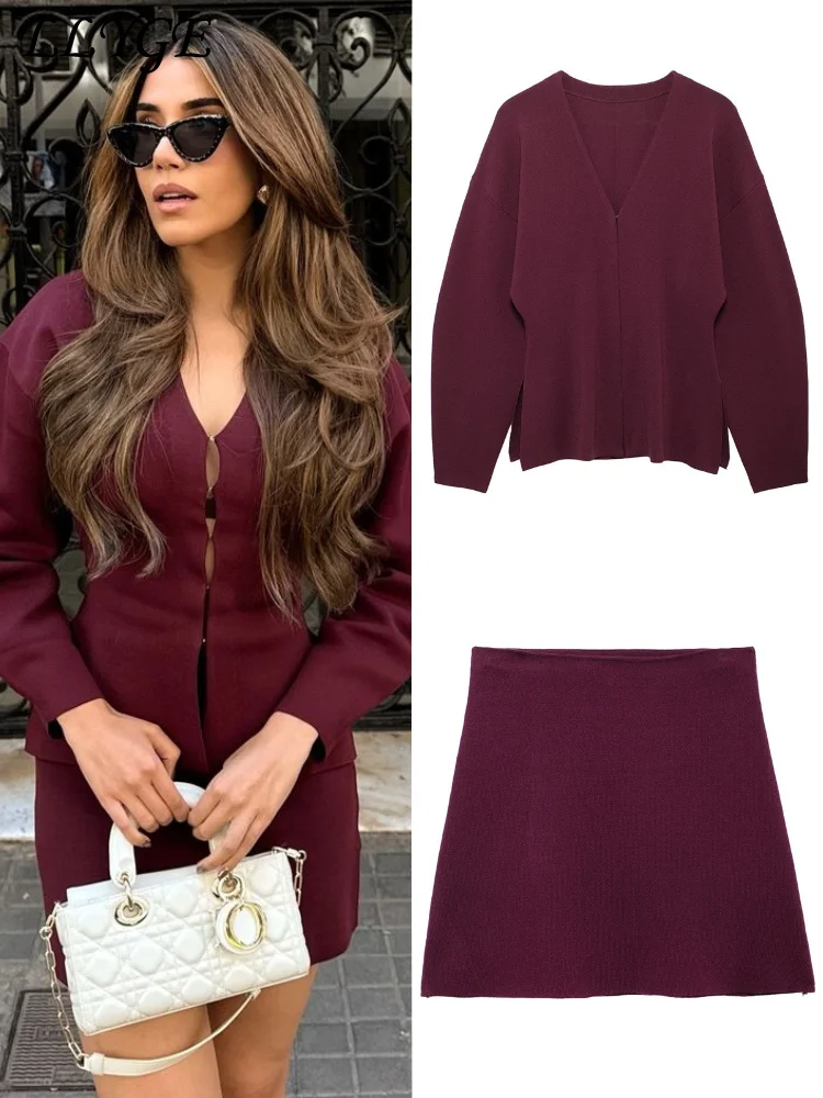 Elegant Knitted Wine Red Cardigan Mini Skirt Set Women V-neck Hidden Buckle A-line Skirts 2024 Autumn Lady Office Vintage Outfit