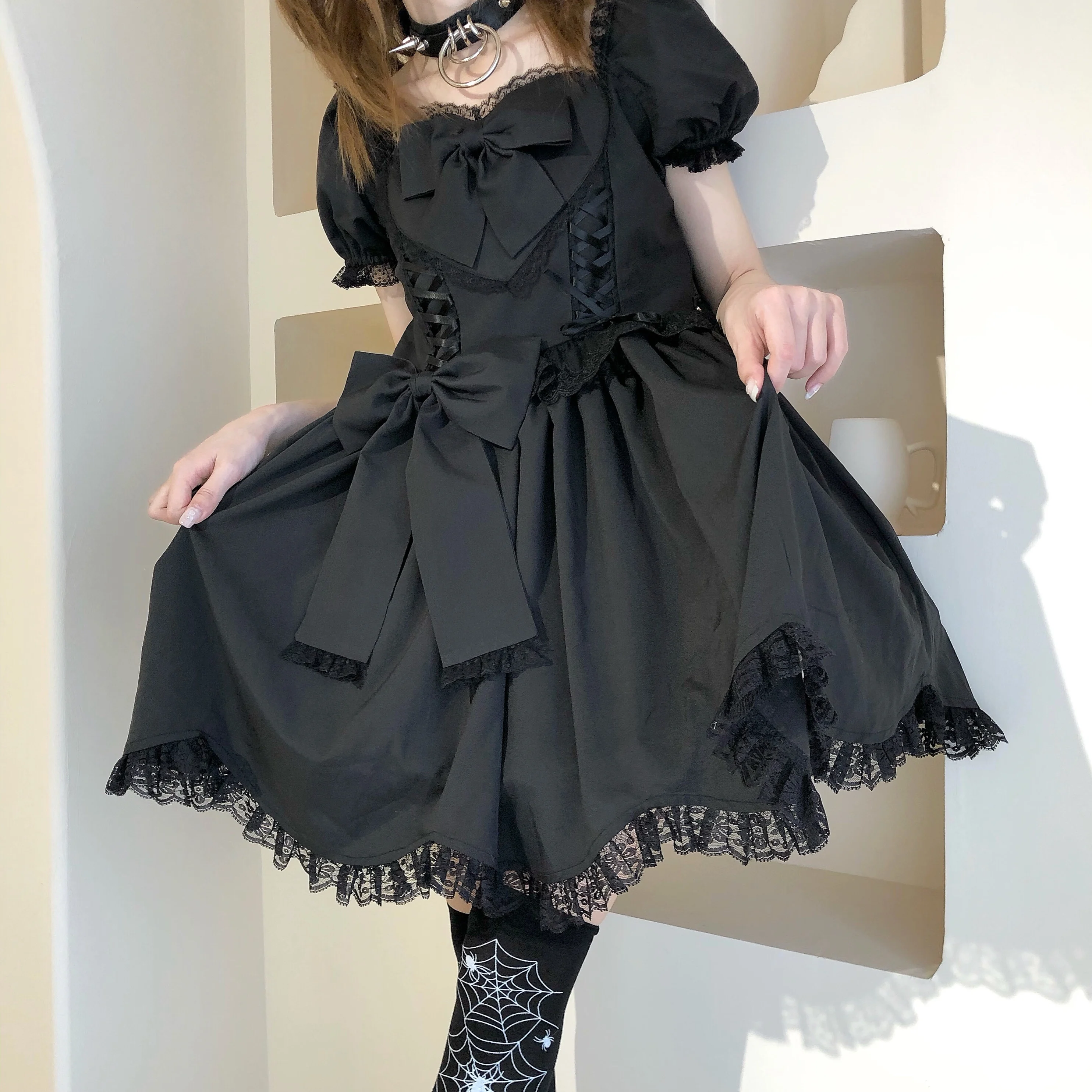 Japanese Harajuku In Wondeland Cute Women Lolita OP Dress Flouncing Lace Alice Trim  Long Sleeves Doll Teen Dress Fairy Vestidos