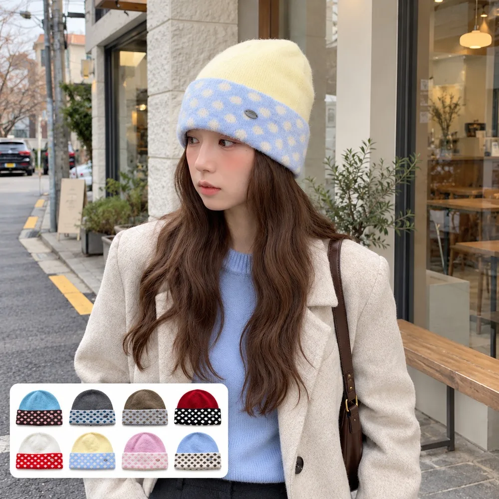 Women’s Knitted Beanie Hat Polka Dot Cuffed Winter Cap Color Block Autumn Casual Outdoor Streetwear Fashion Headwear