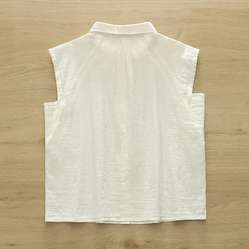 ใหม่2025ฤดูร้อนผ้าฝ้ายเส้นด้ายเสื้อแขนกุดผู้หญิงTurn-Down Collar Solid, Moriสาวนุ่มเดินทางเสื้อหลวมๆสบายๆt54713CC