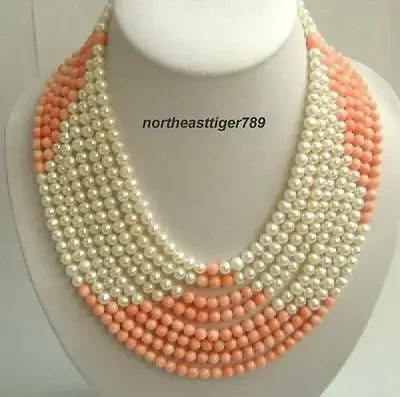 

Hot sale 8 Rows Real Pink Coral White Pearl 18KWGP Clasp Necklace