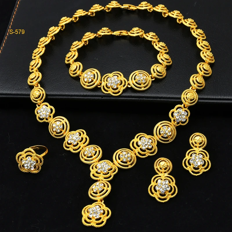 Luxus Nigerianischen Braut Halskette Und Ohrringe Schmuck Sets Für Frauen Dubai 24k Gold Farbe Blume Anhänger Set Hochzeit Party geschenke – Detail 2