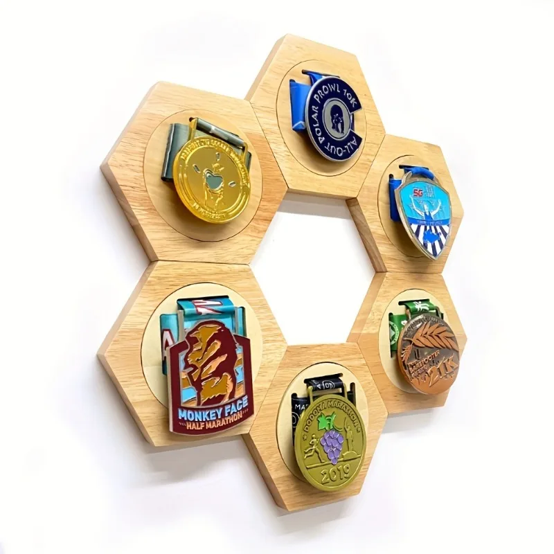 6Pack Hexagonal Wooden Medal Display Racks Wall-Mounted DIY Decorative Display Rack for Medals Honor Badge Organizer Wall Hanger view 2