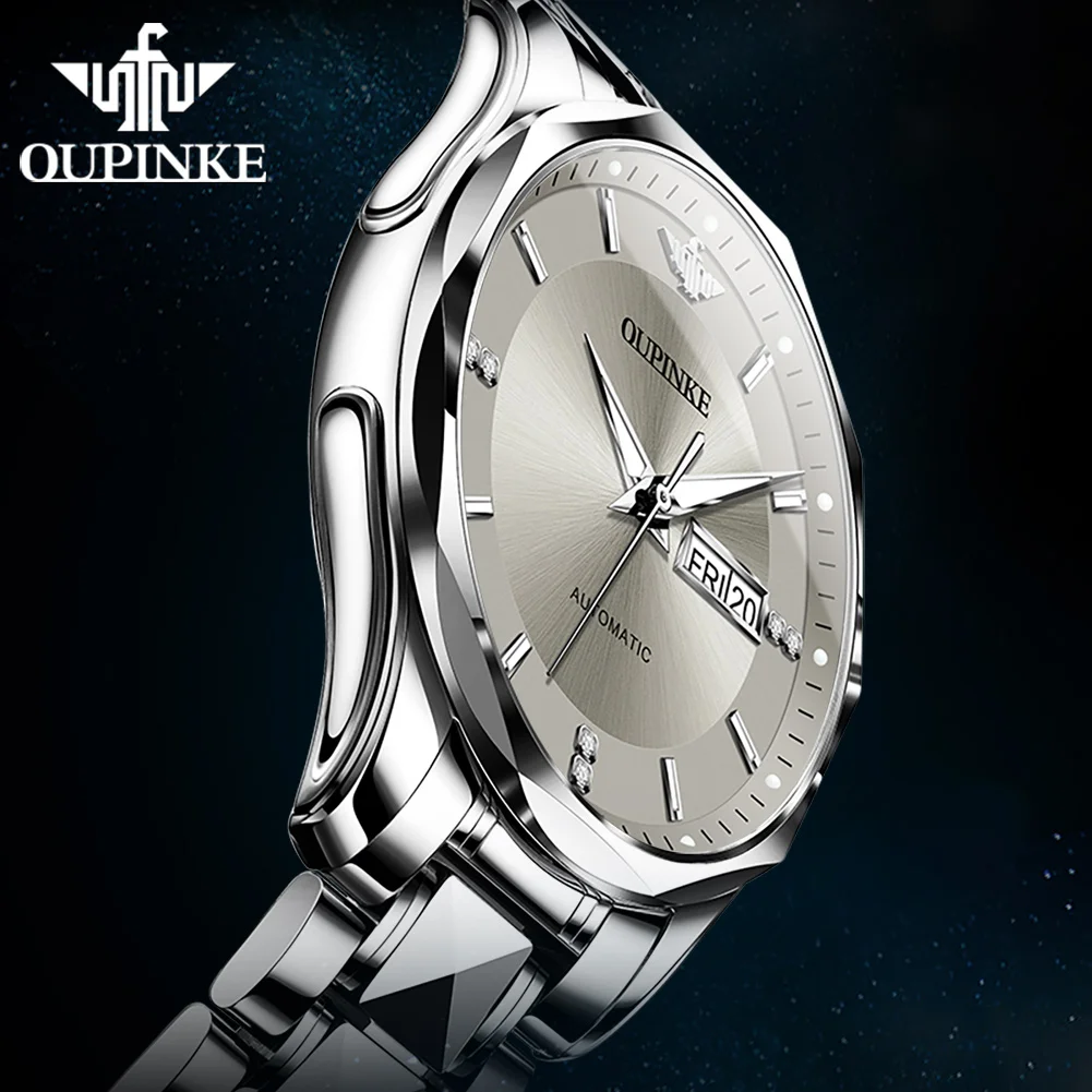 ﻿OUPINKE 3295 Mens Watch Automatic Mechanical Watch﻿ 50M Waterproof Tungsten Steel Sapphire Day-Date Watches Luxury Men Original