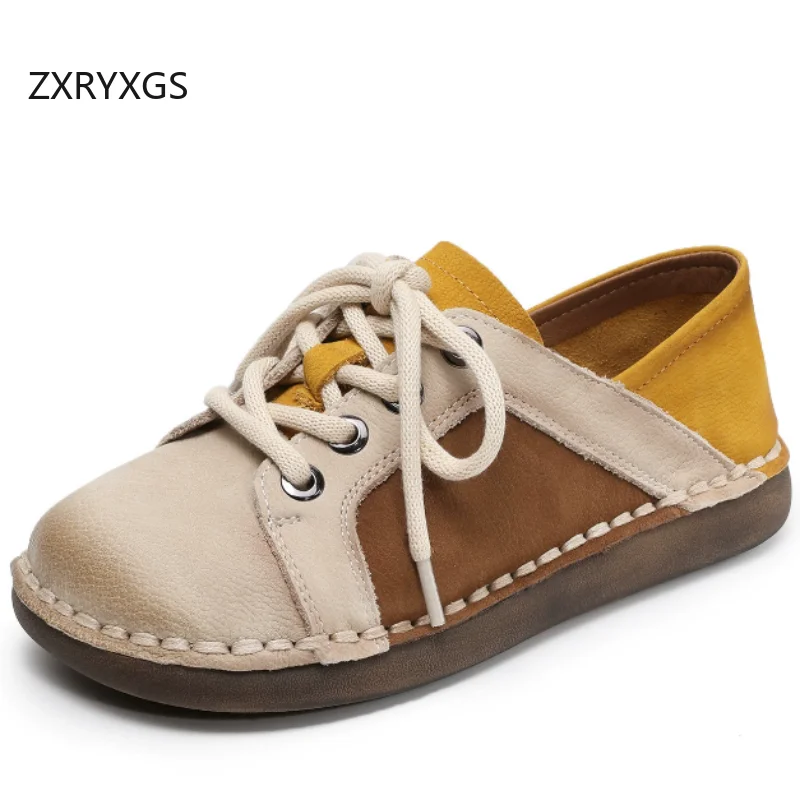 ZXRYXGS 2026 Top Cowhide Spell Color Lace-up Full Real Leather Shoes Fashion Casual Sneakers Comfort Flats Women's Travel Shoes