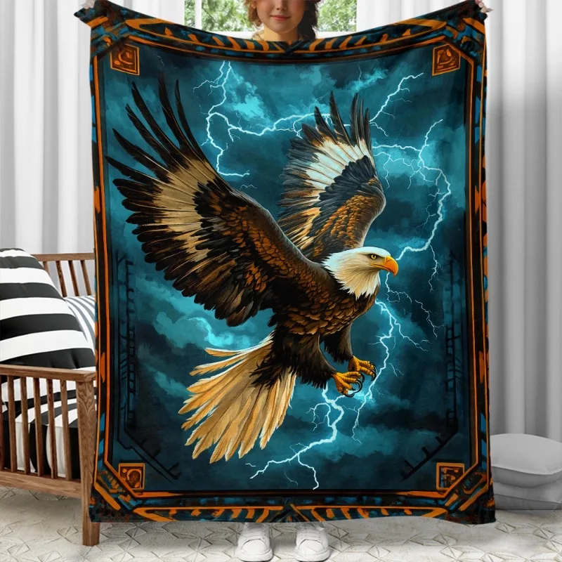 Universelle, maschinenwaschbare Flanell-Überwurfdecke aus Polyester-Fleece im Retro-Stil mit blauem Lightning-Adler-Print – warm und weich