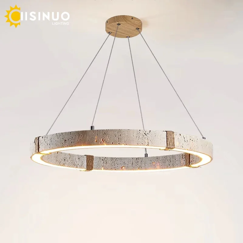 2026 Wabi-sabi Hanging Circular Pendant Light Yellow Travertine Natural Stone LED Chandelier D40/50/60cm For Home Dinining Room