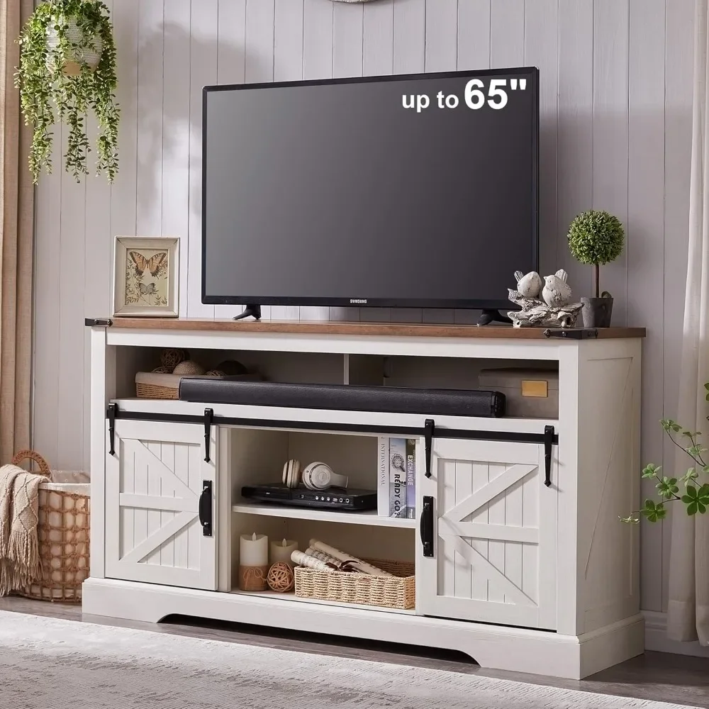 Support TV de ferme avec porte de grange market, console multimédia rustique avec rangement, centre de divertissement Highboy, téléviseur de 65 pouces et plus, 33 pouces de haut