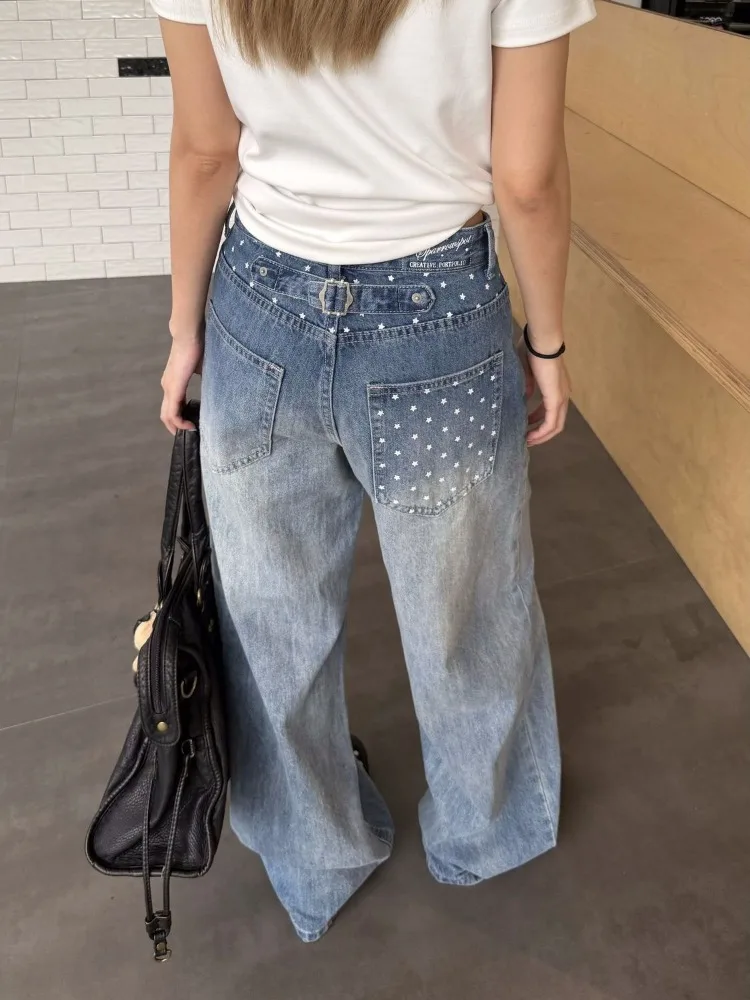 Women's Small Star Print Wide Leg Jeans Fashion Sweatpants Summer Cool Girl Casual Bottoms Female High Waist Vintage Trousers