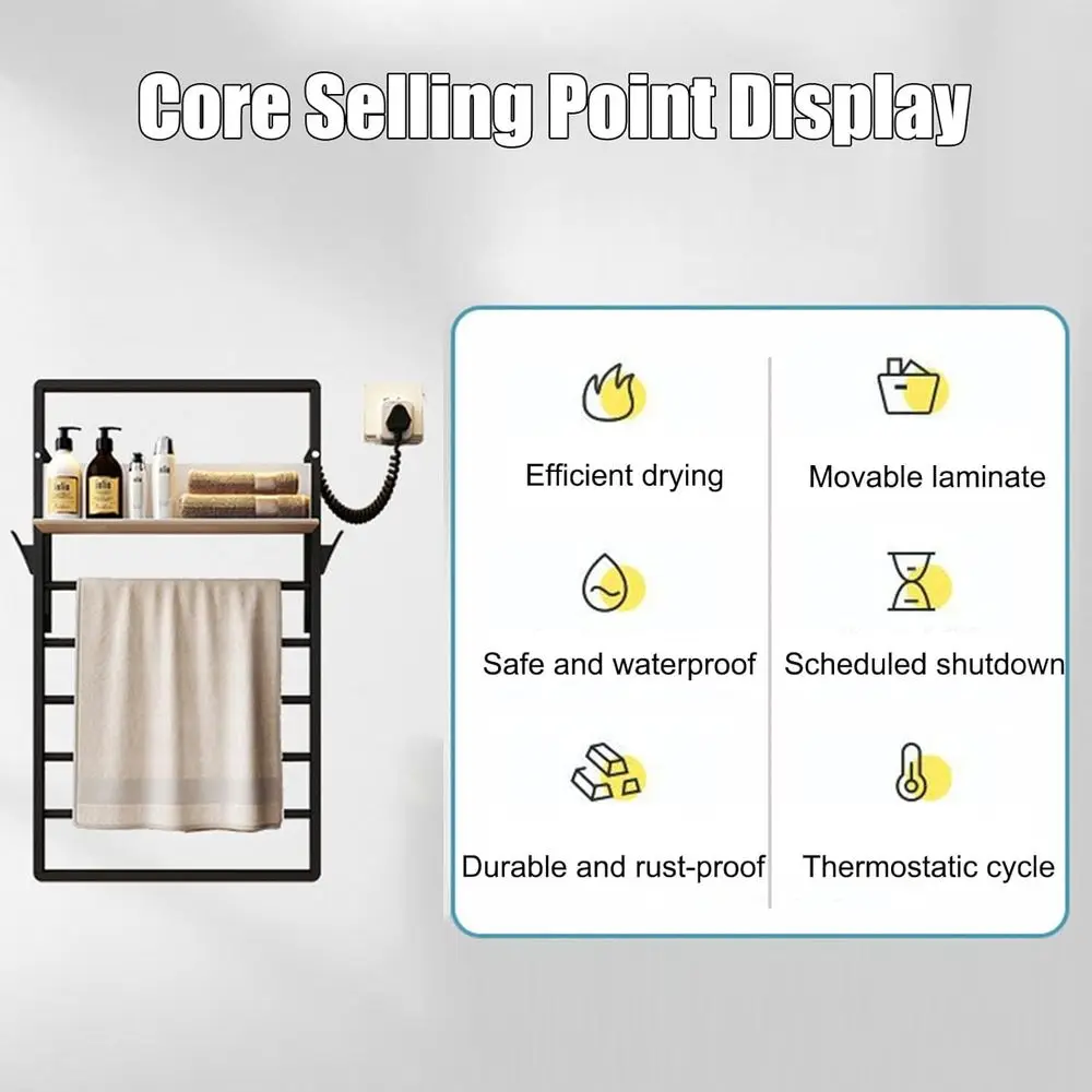 전기 타월 워머, 벽걸이형 욕실용 온열 타월 랙(수납 선반 포함), 타이머 및 스마트 기능이 있는 가열식 타월 건조대