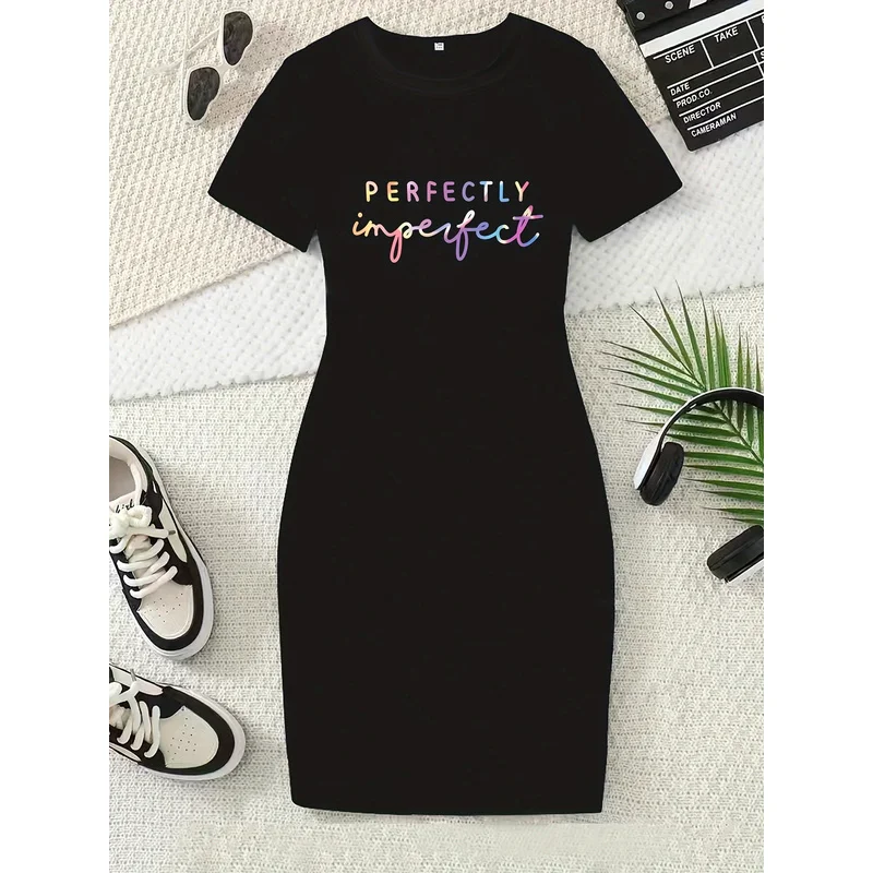 Women Short Sleeve Bodycon T-Shirt Mini Dress, Perfectly Imperfect Rainbow Letter Print Casual Dress
