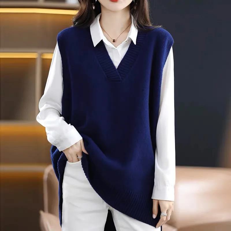 Autumn Winter New Cashmere Vest Sleeveless V-neck Loose Casual All-match Knitted Tunics Women Clothing Sweater Tops