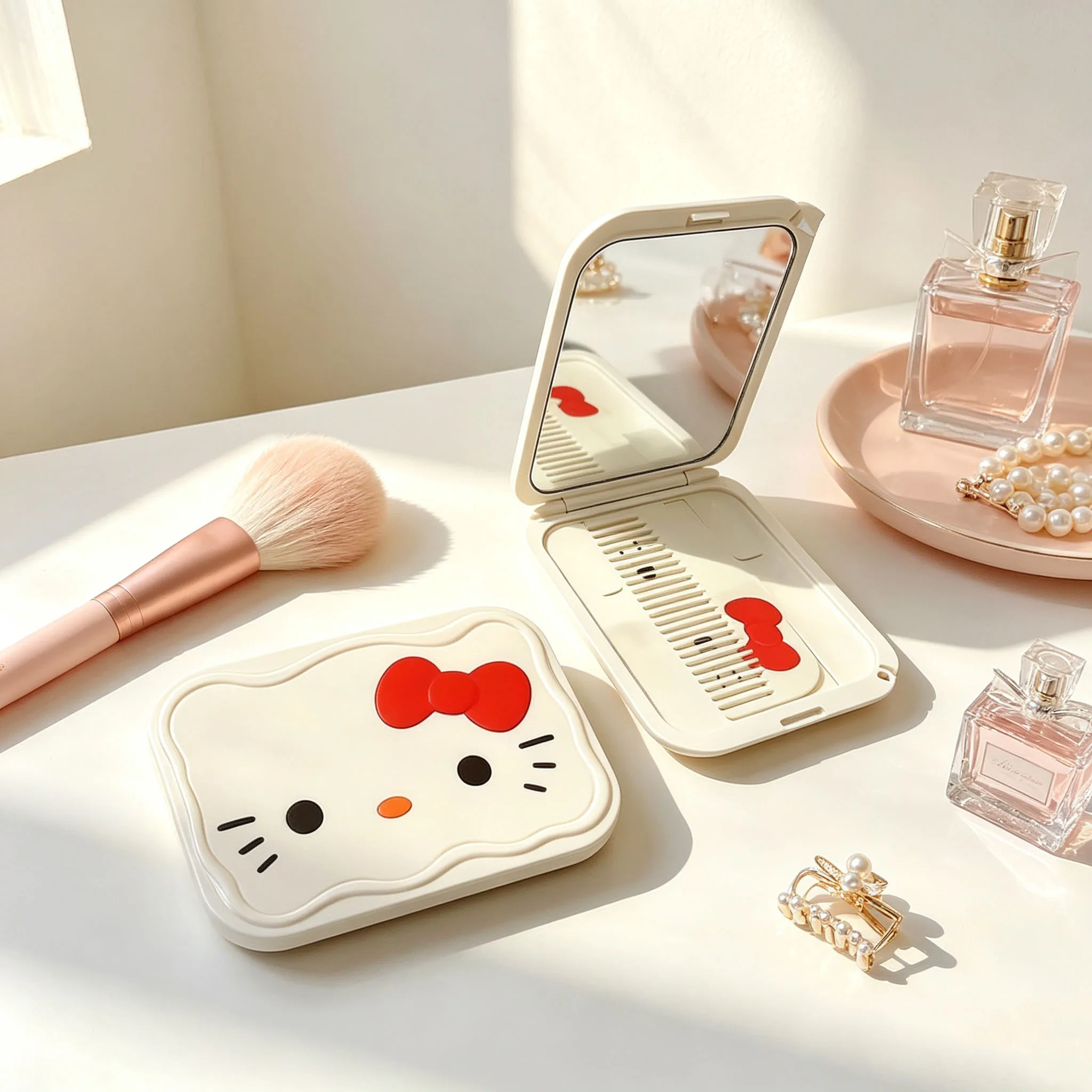 Hello Kitty Foldable Mirror Comb Set Wave Shell Case Built In Hair Comb Kawaii Lightweight Portable Pocket Cosmetic Daily Gift view 3
