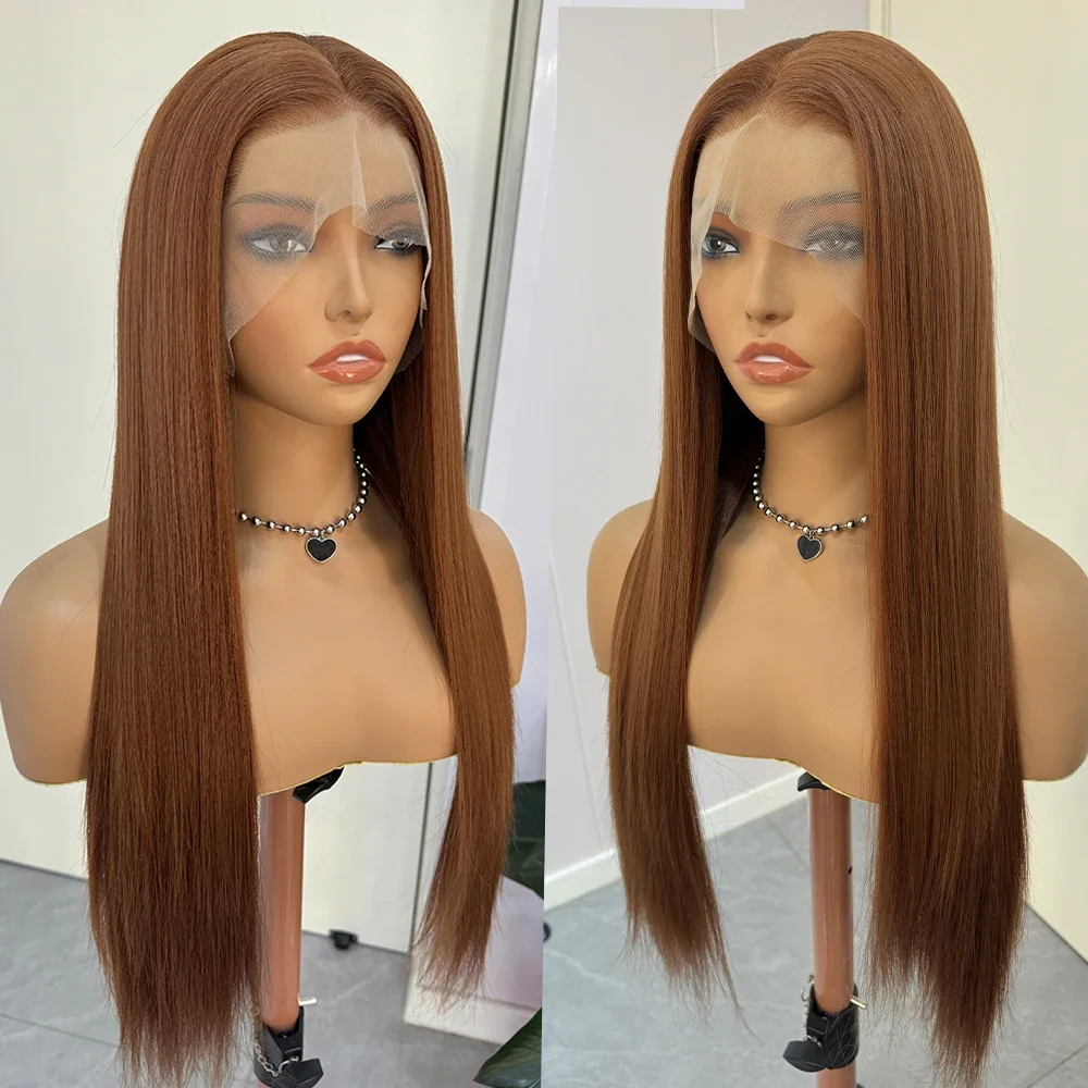 

Мягкие коричневые прямые модные парики с кружевной передней частью, 26 дюймов, плотность 180%, для женщин, с искусственными волосами, для повседневного ношения