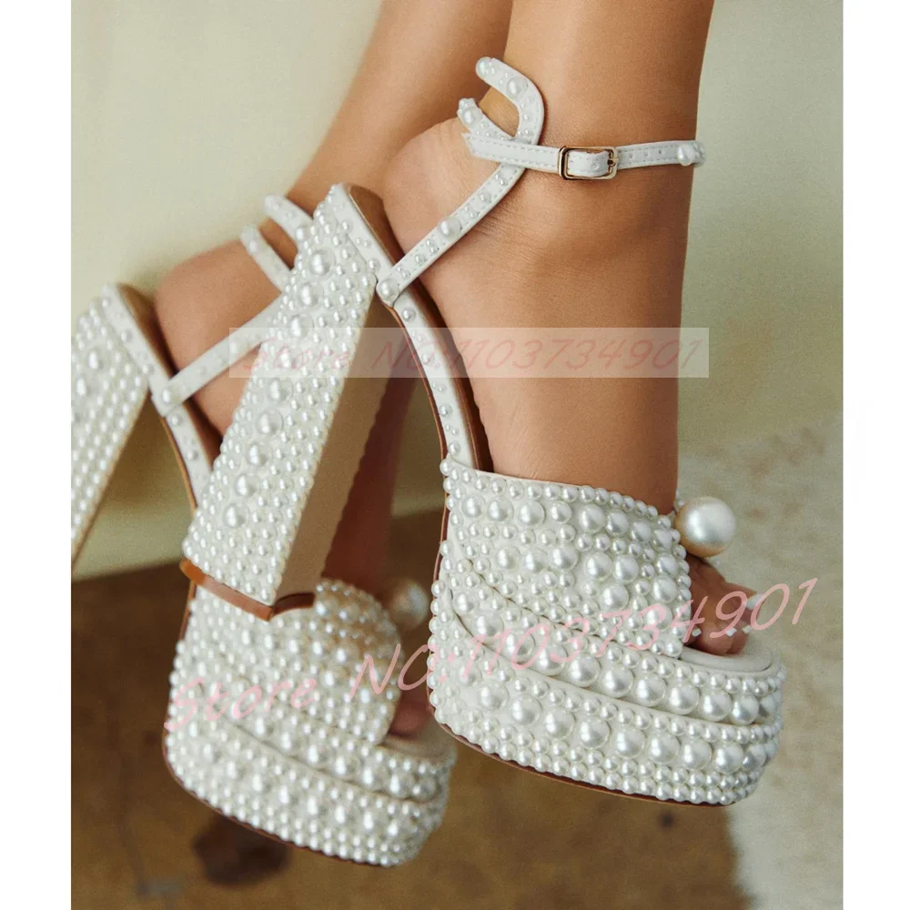 المرأة الأبيض اللؤلؤ صنادل أرضية حزام الكاحل مع مشبك المفتوحة تو Bowknot كتلة الكعوب الصنادل لوكس لوليتا حفل زفاف