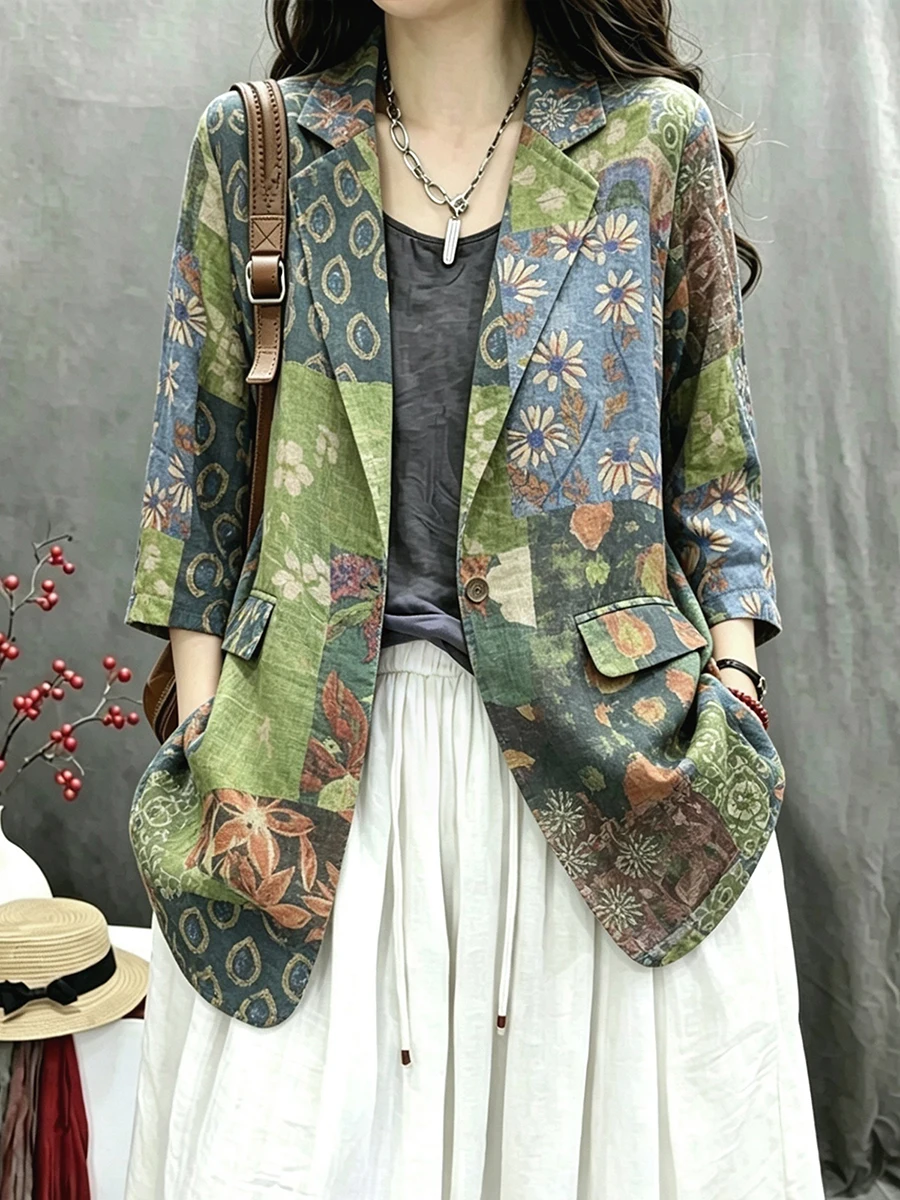 

Fashionable Printed Cotton Linen Single Button Women Summer Thin High-End Loose Large Size Casual Linen Top