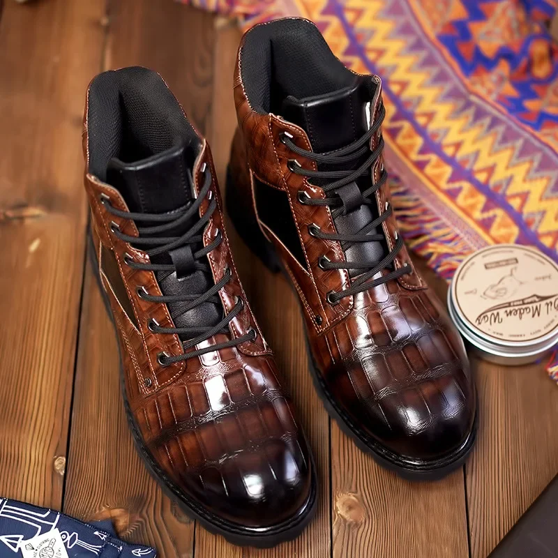 Men High Top Boots Leather Round Toe Grid Pattern Square Heel Males Shoes Exquisite Leisure Design Men Boots Cowboy Boots 38-48
