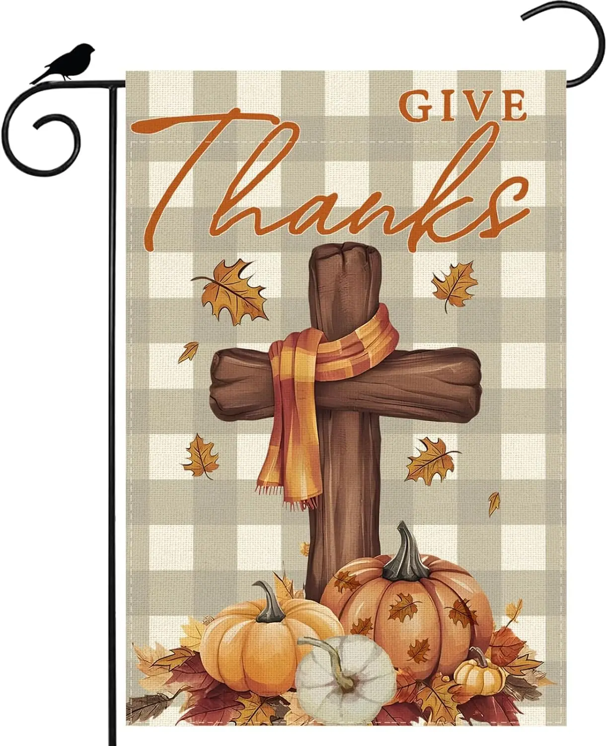Give Thanks Plaid Cross Pumpkins Maple Leaves Thanksgiving Fall Garden Flag Yard Flag 12x18 Inch Double Sided Small Mini Out SSL
