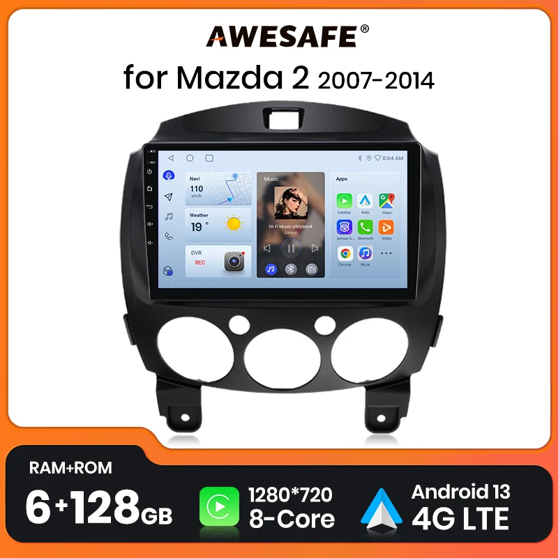 

AWESAFE беспроводной CarPlay Android 13 радио для MAZDA 2 2007 2008 2009 2010 - 2014 GPS Навигация стерео автомобильные интеллектуальные системы