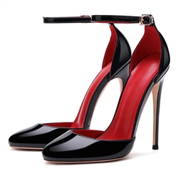 Keshangjia Black Patent Leather Women Ankle Strap Stiletto Pumps Round headToe Sexy High Heel Shoes 10cm 12cm Customize 33-46