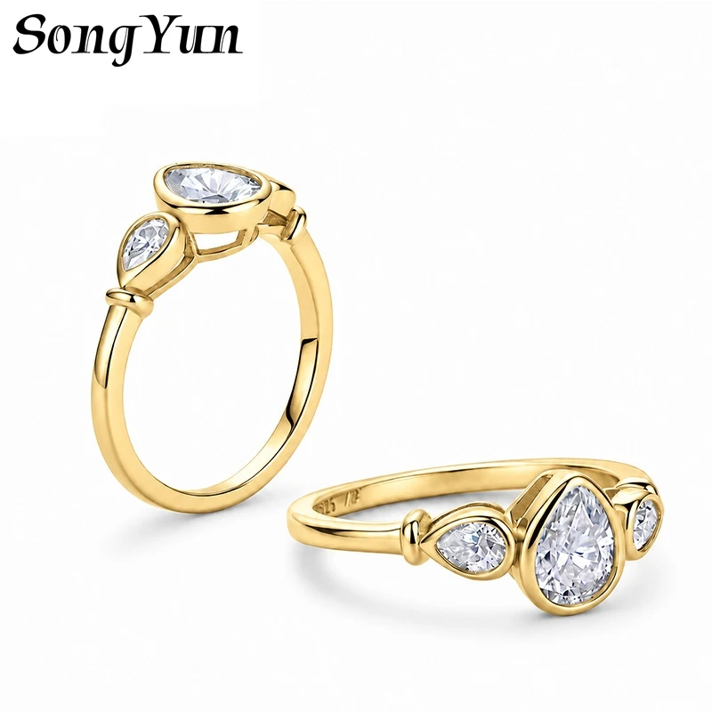 SONGYUN Moissanite Diamond Jewelry Women S925 Sterling Silver Full Moissanite Ring Waterdrop Bezel Setting Closed Band Ladies