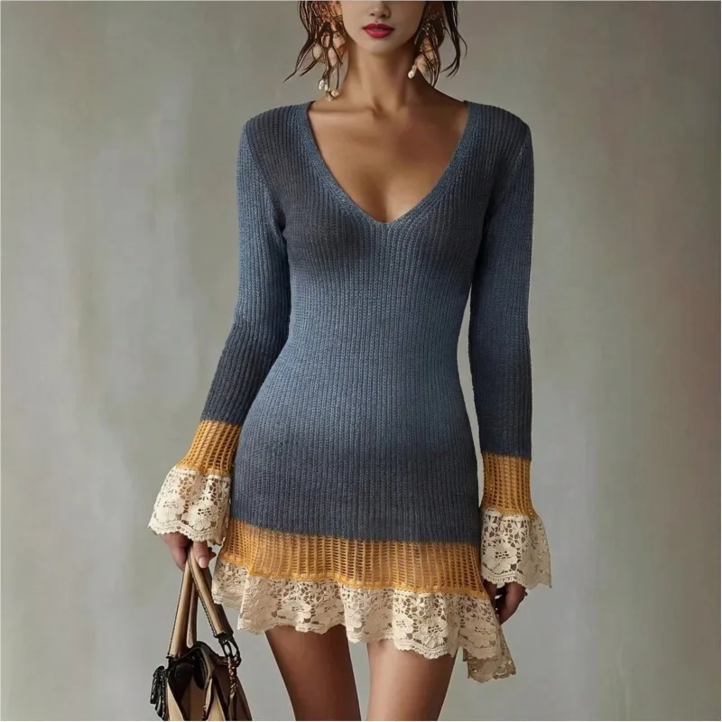 Damen Bodycon-Kleid für Frühling und Sommer, modisches neues Strickkleid mit langen Ärmeln, Patchwork, tiefem V-Ausschnitt, Minirock, Pulloverkleid für Damen