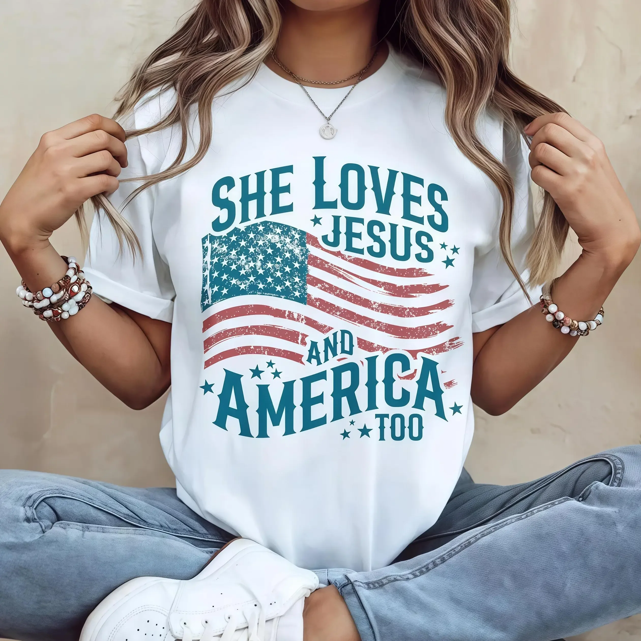 She Loves Jesus America Graphic Tee! Patriotic Flag Quote Short Sleeve T-Shirt, Aesthetic Country Faith Top for Women Men, Oversized Casual T-Shirt OOTD Cotton Menswear Crew Neck Print Shirt Top Womenswear T-Shirt
