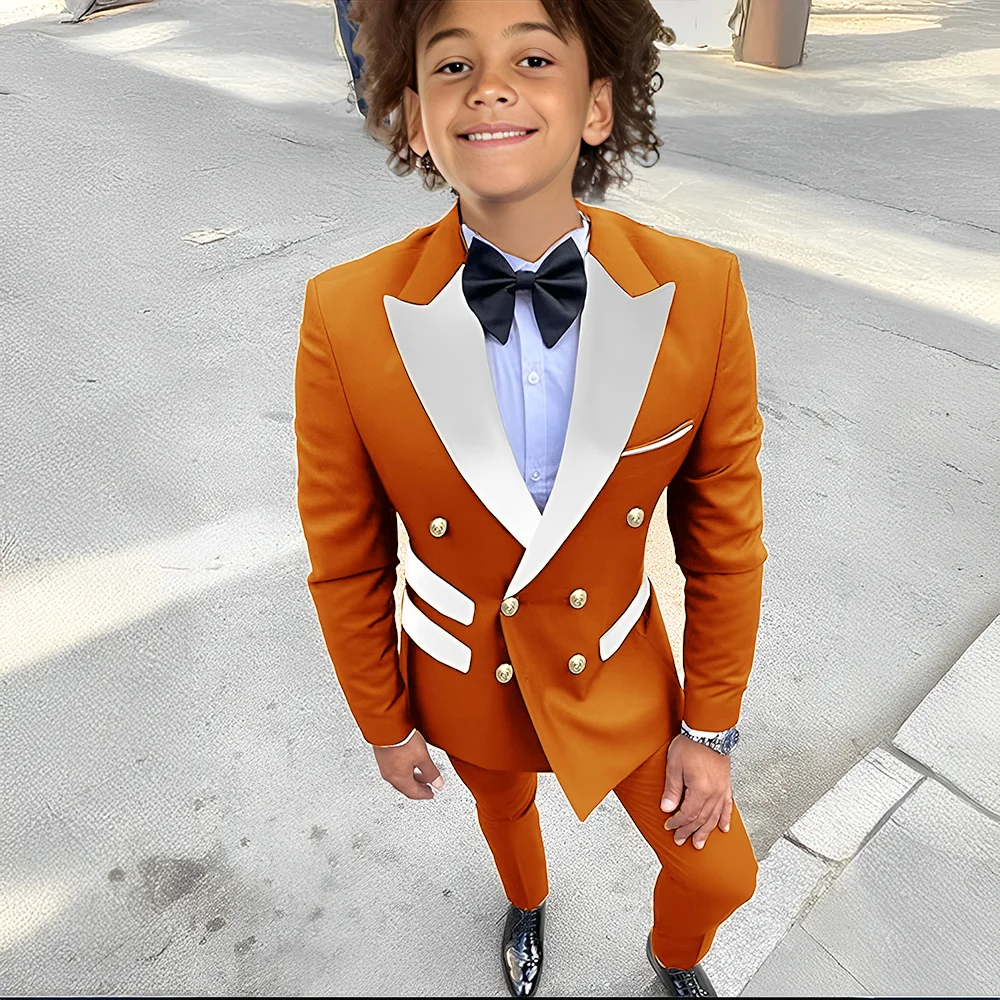 Boys Double Breasted Suits 2 Pieces Banquet Party Outfit,Formal Peak Lapel Suit Set Wedding Guest Clothes,Fast Ship Kids Tuxedo